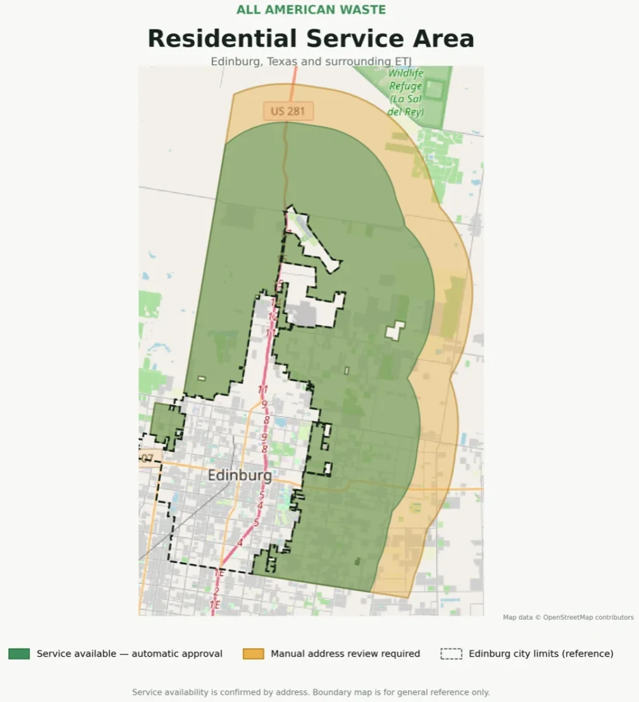 Map of the All American Waste residential service area around Edinburg, Texas. Green areas get automatic approval, orange areas need a manual address review, and Edinburg city limits are not served.