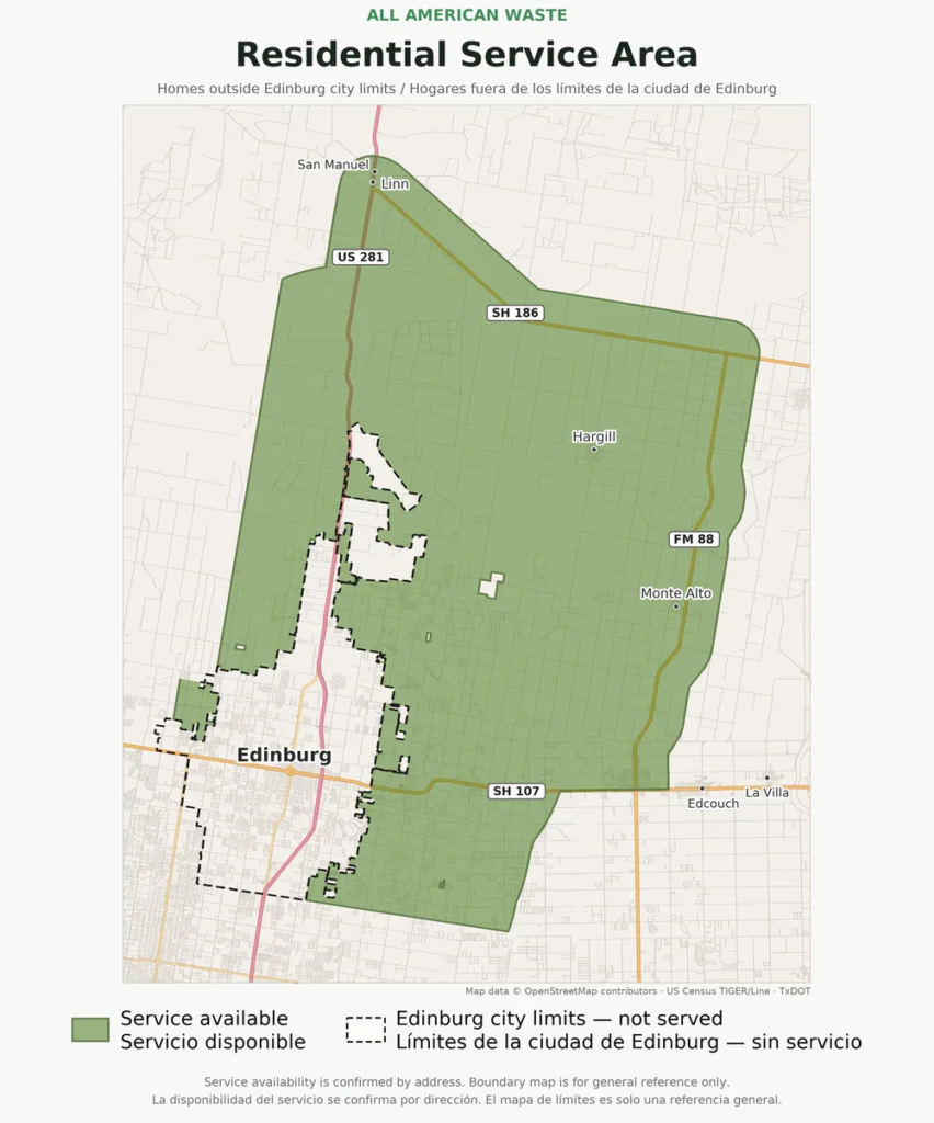 Map of the All American Waste residential service area around Edinburg, Texas, reaching north to Hwy 186 and east to FM 88. Service is available in the green area. Edinburg city limits, shown with a dashed outline, are not served.