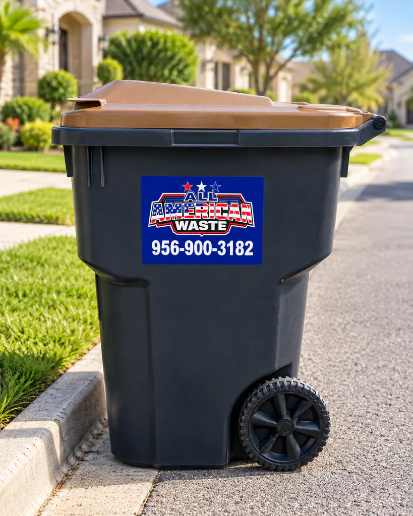 All American Waste trash cart with a brown lid and the 956-900-3182 sticker, set out at the curb