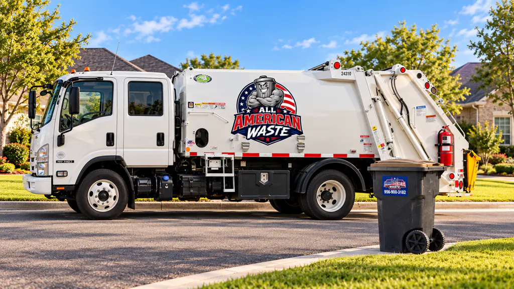 All American Waste trash truck parked next to a customer trash cart at the curb