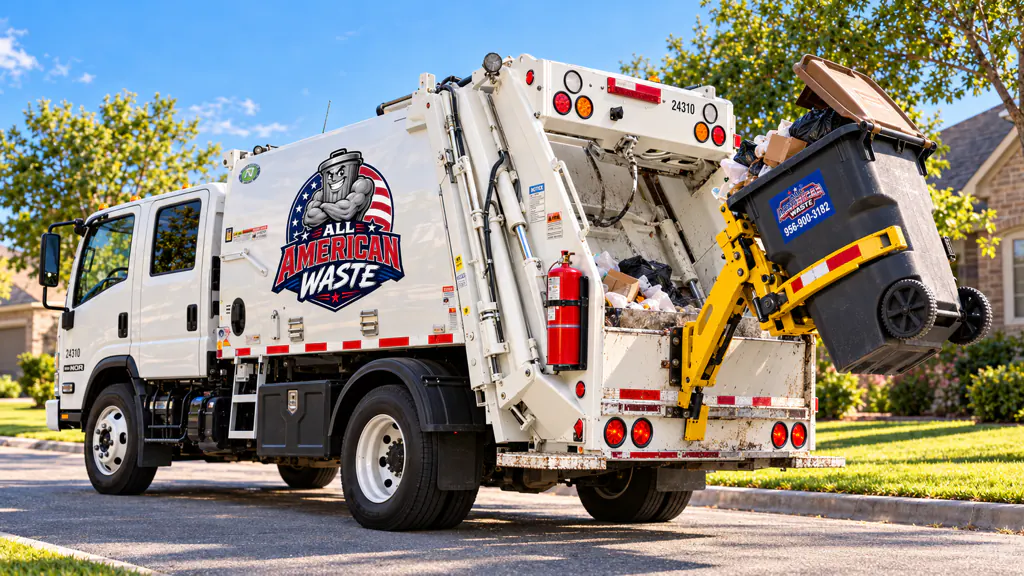 All American Waste truck lifting and emptying a customer trash cart